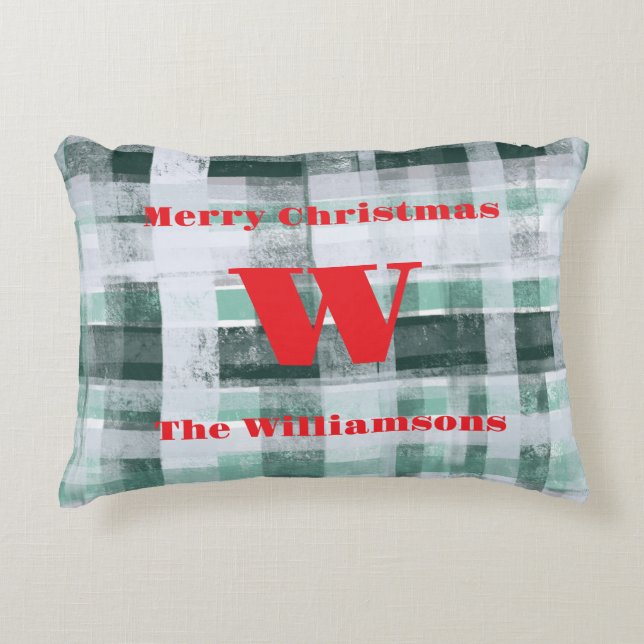 Kerst monogram plaid tartan groen wit rood accent kussen (Voorkant)