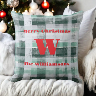 Kerst monogram plaid tartan groen wit rood kussen
