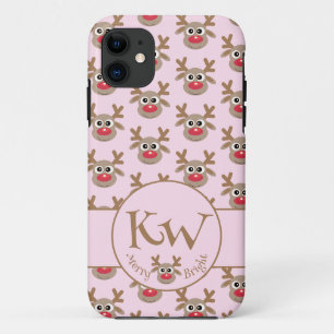 Kerst Monogram Roze Schattige rendierpatroon iPhone 11 Hoesje