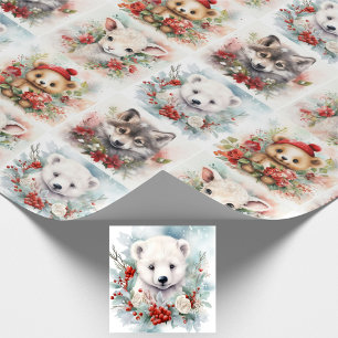 Kerst Mooie Baby Dieren IJsbeer Lam Wolf Cadeaupapier