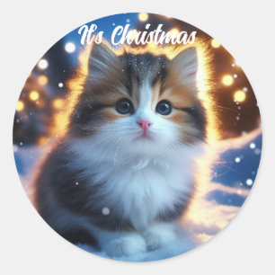 Kerst Mooie kitten in de sneeuw Ronde Sticker
