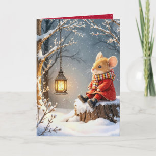Kerst Muis en Bos Lantaarn In Snowflakes Kaart
