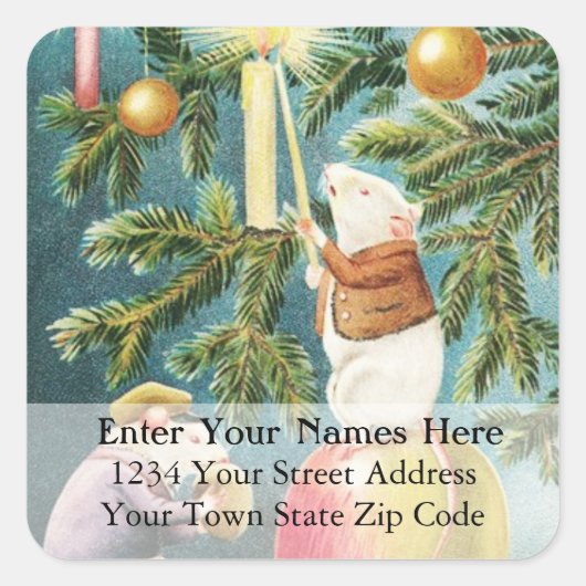 Kerst Muizen Stekken Kaarsen Aan Adreslabel Vierkante Sticker (Voorkant)