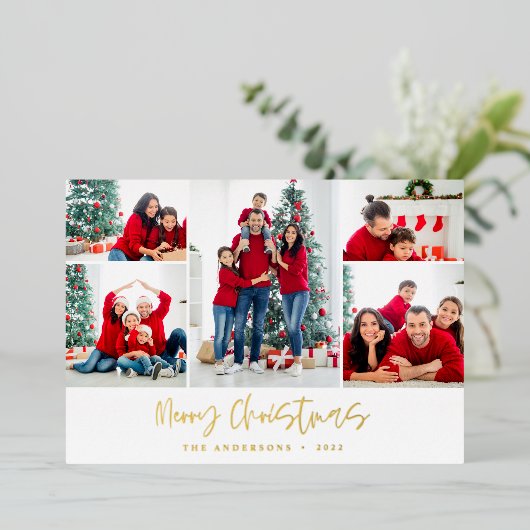 Kerst multi foto script modern rood en groen folie feestdagenkaart (Staand Voorkant)