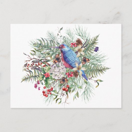 Kerst Natuur Illustratie met Bird & Berries Feestdagenkaart (Voorkant)