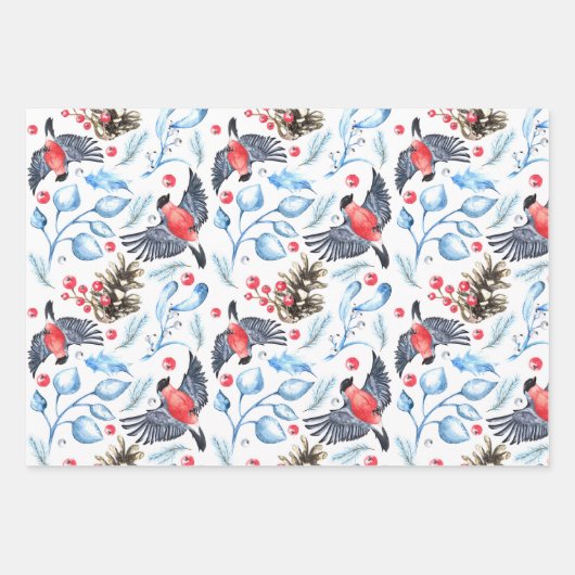 Kerst Natuur Patroon met Vogels en Bessen Inpakpapier Vel (Voorkant 2)