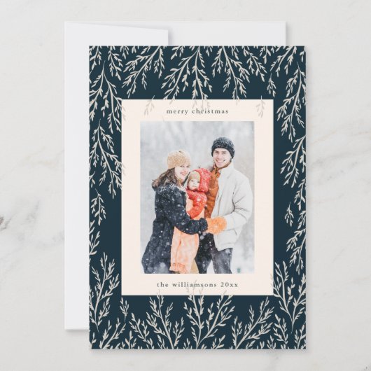 Kerst Navy Greenery Twee Verticale Foto Feestdagenkaart (Voorkant)