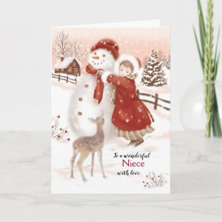 Kerst, nichtje, hert, meisje en sneeuwman feestdagen kaart