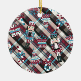 Kerst Notenkraker Plaid Blauw Burgundy Keramisch Ornament