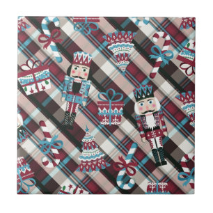 Kerst Notenkraker Plaid Blauw Burgundy Tegeltje