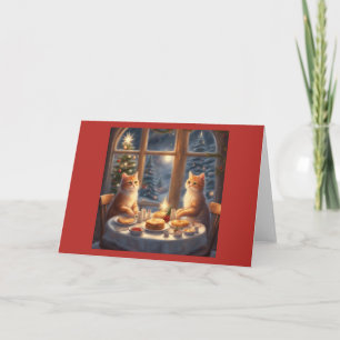 Kerst ochtend ontbijt twee katten eten pannenkoeke kaart