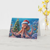 Kerst-octopus draagt een kerstmuts kaart (Gele Bloem)