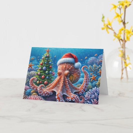 Kerst-octopus draagt een kerstmuts kaart (Gele Bloem)