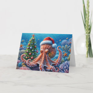 Kerst-octopus draagt een kerstmuts kaart