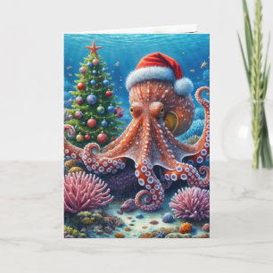 Kerst-octopus draagt een kerstmuts kaart