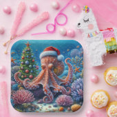 Kerst-octopus draagt een kerstmuts papieren bordje (Feest)