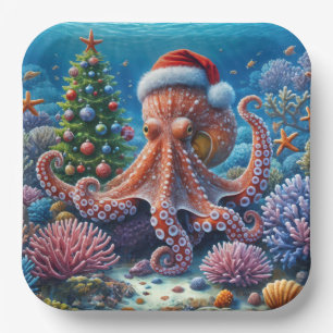 Kerst-octopus draagt een kerstmuts papieren bordje