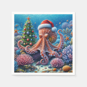 Kerst-octopus draagt een kerstmuts servet