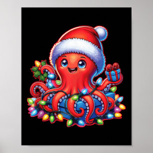 Kerst octopus met kerstmuts en vakantielichtje poster
