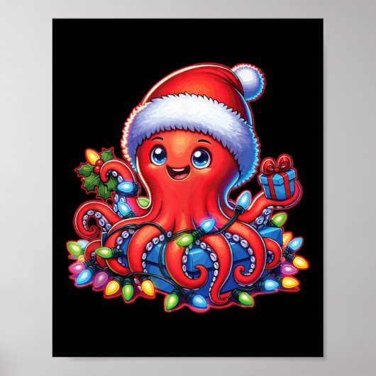 Kerst octopus met kerstmuts en vakantielichtje poster (Voorkant)