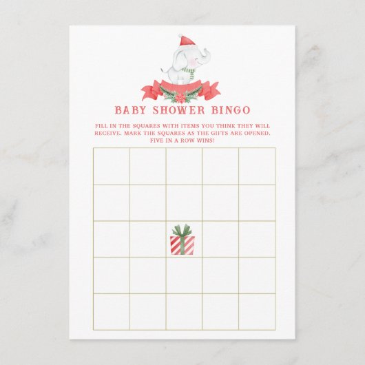 Kerst Olifant Baby shower Bingo Kaart (Voorkant)