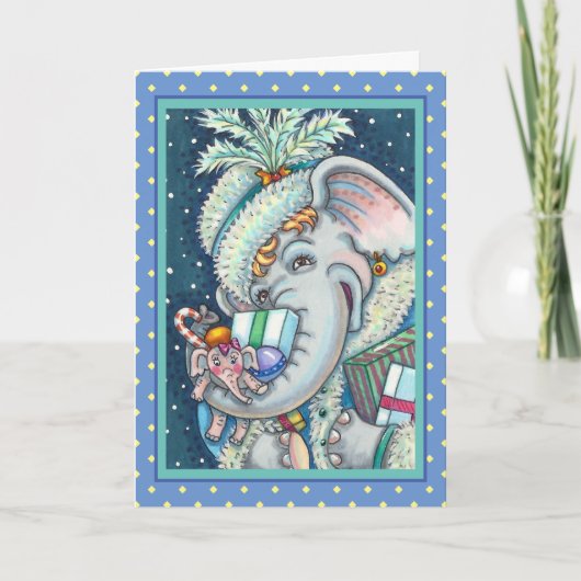 KERST OLIFANT, KRONKELIG VAN GESCHENKEN & GOEDE JU FEESTDAGEN KAART (Voorkant)