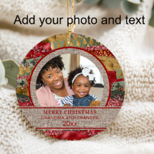 Kerst Oma Opa Rood Goud Groen Bruin Jute Ornament