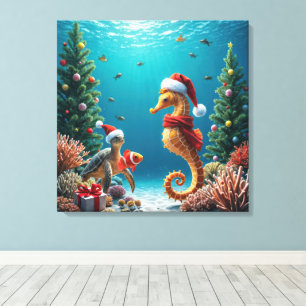 Kerst onder water Oceaal Zeepaardje en Schildpad Canvas Afdruk