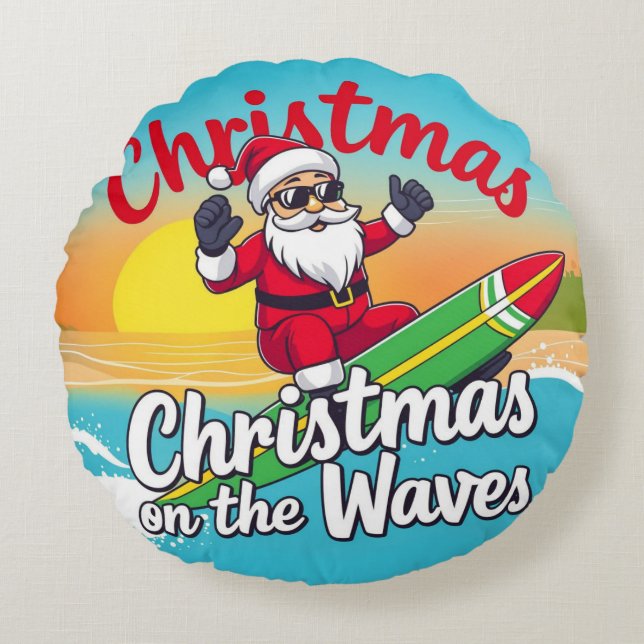 Kerst op de golven Santa Design Rond Kussen (Voorkant)