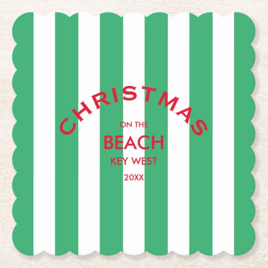 Kerst op het strand aangepaste groene Cabana Strip Kartonnen Onderzetters (Voorkant)