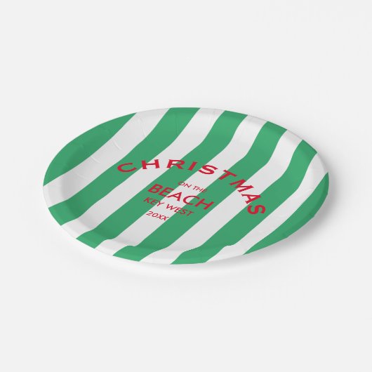Kerst op het strand Green Cabana Stripe Papieren Bordje (Gekanteld)