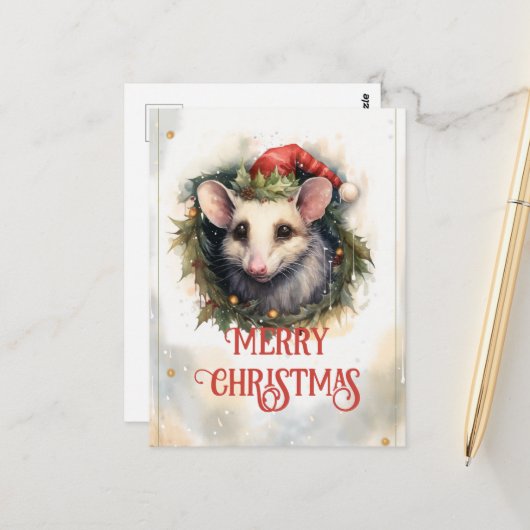 Kerst opossum Waterverf Briefkaart (Voorkant / Achterkant in situ)