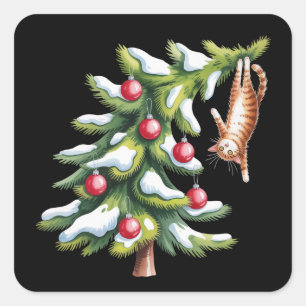 Kerst Oranje Kattenboom Kattenliefhebber Familie X Vierkante Sticker