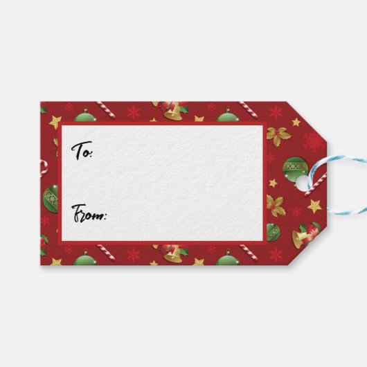 Kerst Ornamant & Candy Cane Patroon Cadeaulabel (Voorkant (Horizontaal))