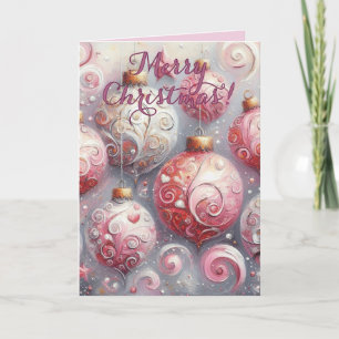 Kerst Ornament Ballen Roze Wit w/Swirls Feestdagen Kaart
