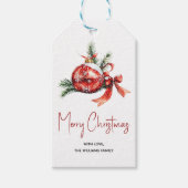 Kerst ornament met rode strik en spar takken cadeaulabel (Voorkant)