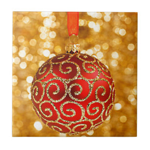 Kerst Ornament Rood met gouden Twinkle Lights Tegeltje