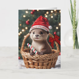 Kerst otter baby in een mand vakantie kaart