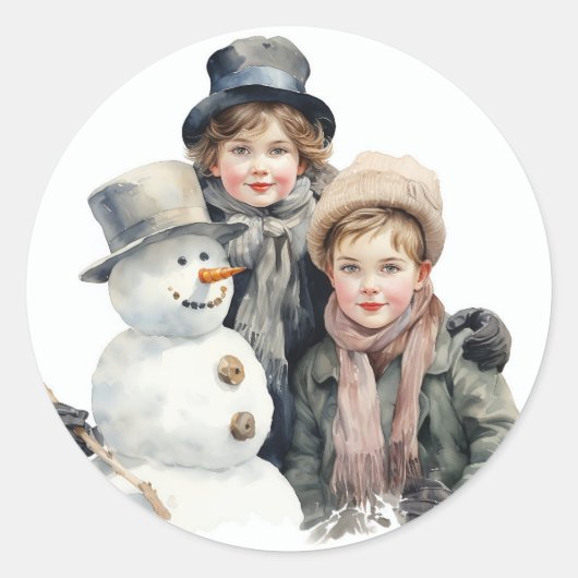 Kerst Oud-mode Kinderen Sneeuwman Waterverf Ronde Sticker (Voorkant)