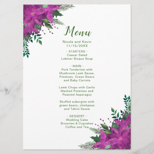 Kerst paarse Poinsettia Bloemen Trouwmenu Menu (Voorkant)