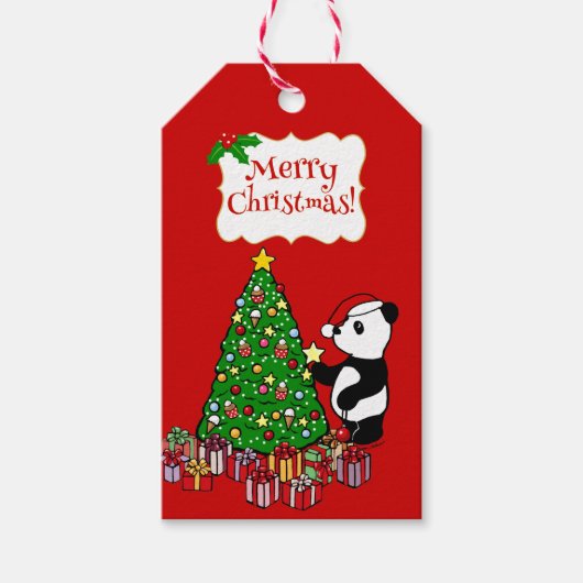 Kerst Panda Cartoon Staande Cadeaulabel (Voorkant)