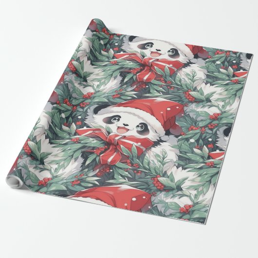 Kerst Panda Design Cadeaupapier (Uitgerold)