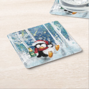 Kerst Papier Onderzetter met Happy Penguin