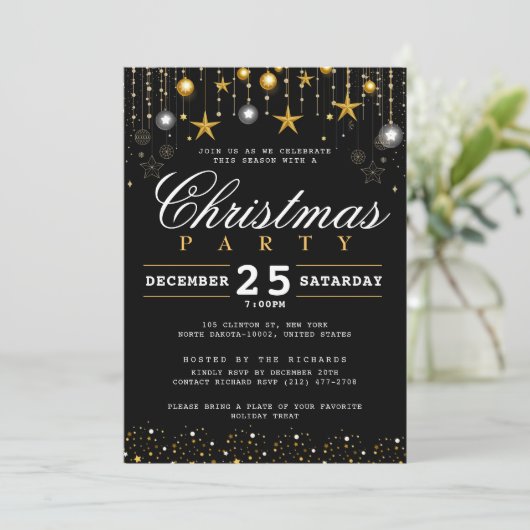 Kerst Party Elegant Zwart Goud Glitter Sterren Kaart (Staand voorkant)