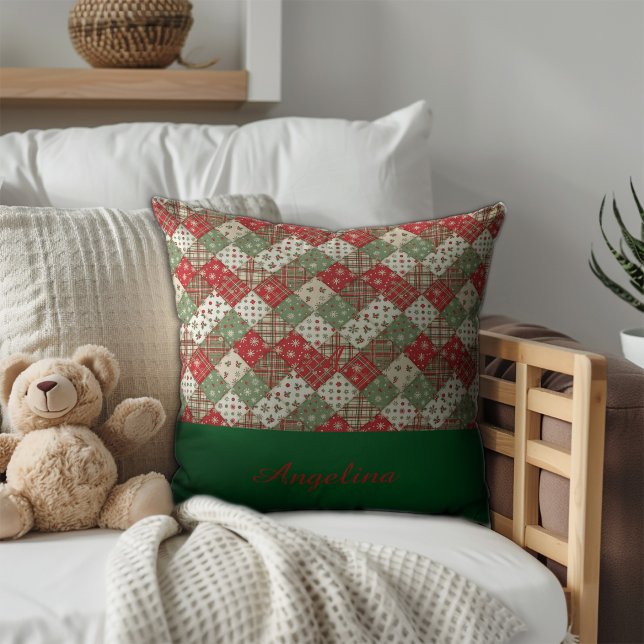 Kerst patchwork naam Groen Rood Kussen (Creator heeft geüpload)