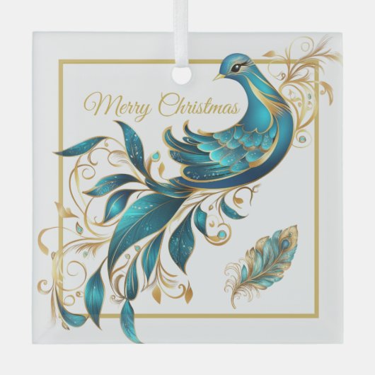 Kerst Pauw en Veer Glas Ornament (Voorkant)