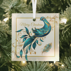 Kerst Pauw en Veer Glas Ornament