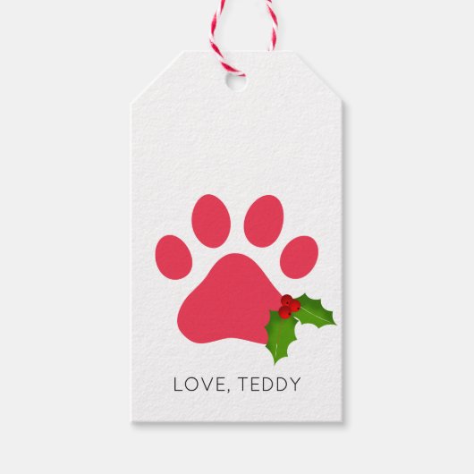 Kerst Paw Prints Holly Love Pet Name Vakantie Cadeaulabel (Voorkant)