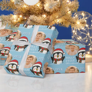 Kerst Penguïn Persoonlijke Foto Cadeaupapier