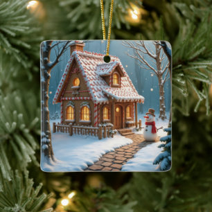 Kerst peperkoek huis met een sneeuwpop keramisch ornament